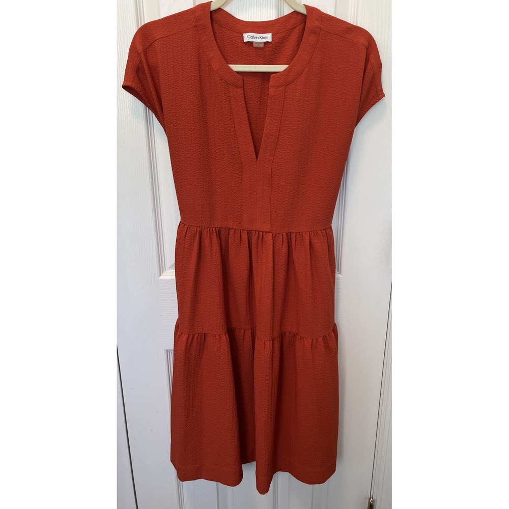 Calvin Klein Orange Tiered Flutter Sleeve V-Neck A-Line Dress CD4E3H1V Size 10